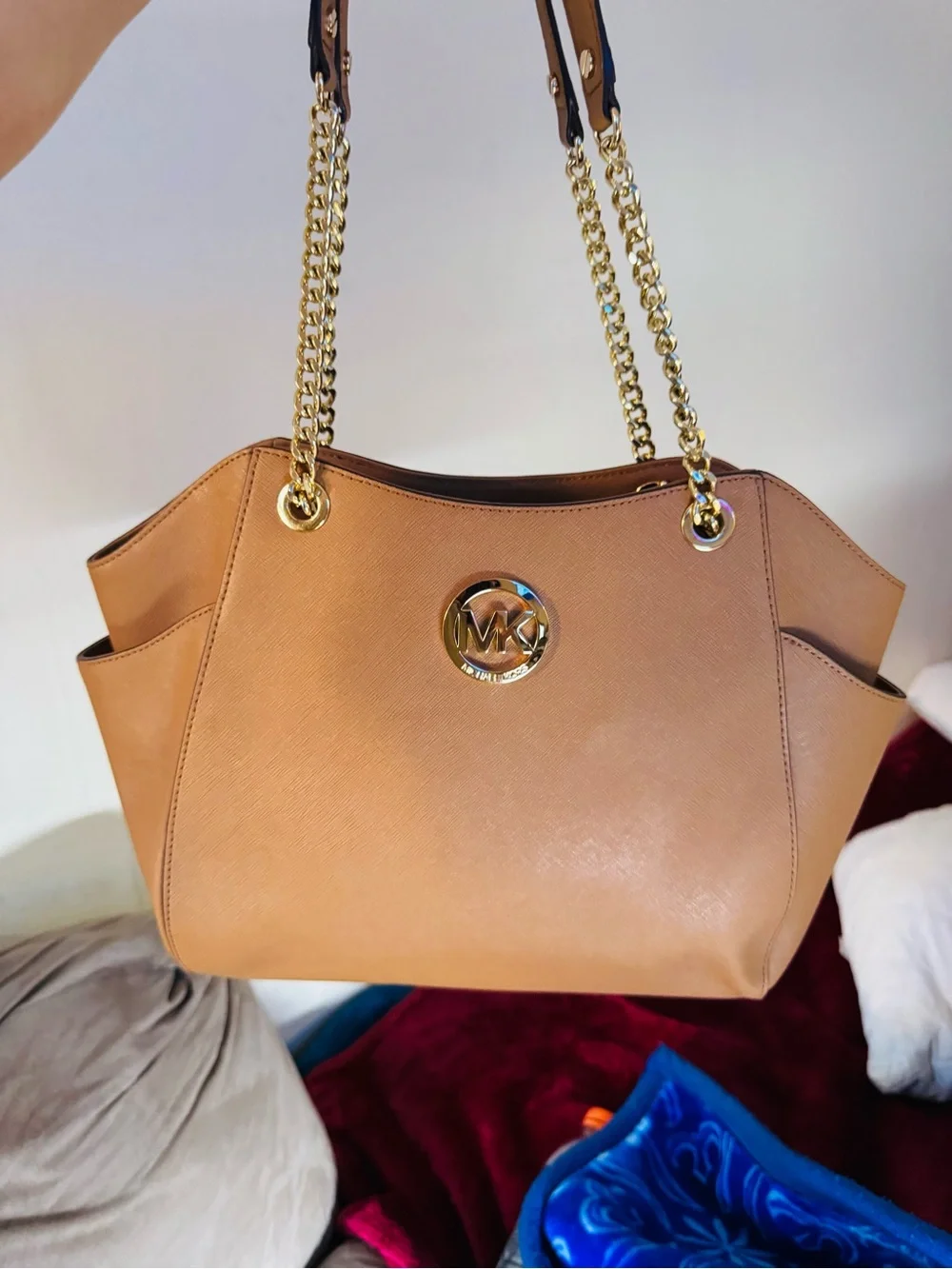 Michael Kors Cognac Saffiano Leather Tote with Gold Chain Straps
